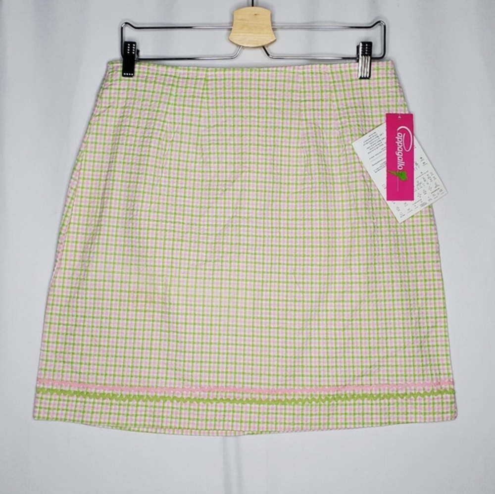 Cappagallo Mini Skirt 12‎ Seersucker Pastel Pink Green Plaid RicRak Trim Preppy